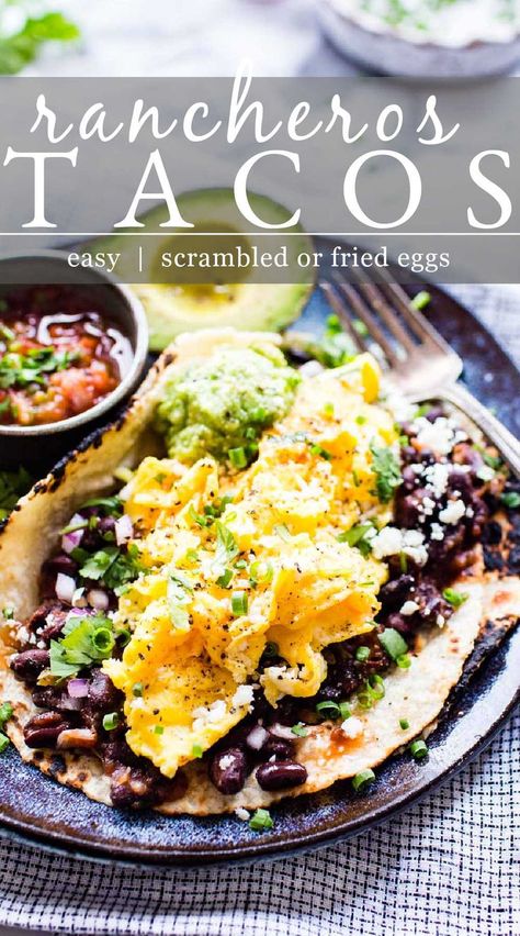 Rancheros tacos with black beans on a plate garnished with guacamole, cilantro and cojita cheese. Black Bean Egg Scramble, Vanlife Recipes, Rancheros Huevos, Black Beans And Eggs, Breakfast Tacos Vegetarian, Lite Dinners, Brunch Recipes Easy, Havana Cafe, Tacos Vegetarian