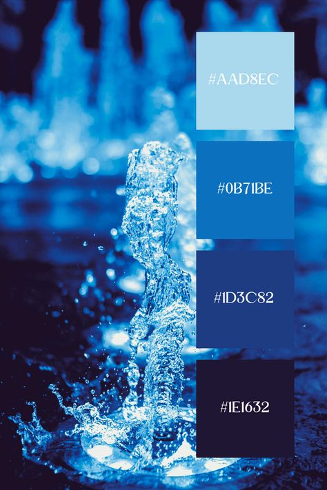 A glistening blue drop of water captures the essence of purity and tranquility, reflecting shades of cerulean and azure. Its shimmering surface evokes a sense of fluidity and clarity, embodying the beauty of nature's simplest yet most captivating forms. Cool Blue Color Scheme, Rich Blue Color Palette, Pallete Color Blue, Nice Color Combinations, Cobalt Blue Color Palette, Color Scheme Generator, Blue Moodboard, Blue Pallets, Color Generator