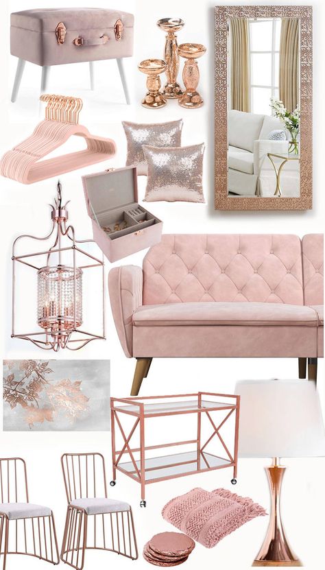 Blush And Gold Living Room, Rose Gold Bedroom Ideas For Women, Gold Theme Bedroom, Aesthetic Mirrors, Room Decor Bedroom Rose Gold, Rose Gold Furniture, Rose Gold Room Decor, Rose Gold Rooms, Rose Gold Bedroom