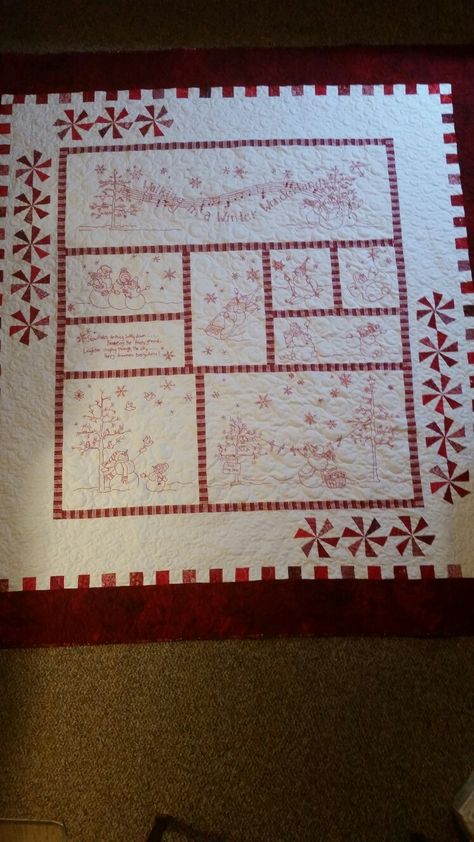 Winter Wonderland. .with a peppermint twist! I loved making this quilt!!! Winter Wonderland Quilt Pattern, Meg Hawkey, Redwork Quilts, Red Work Embroidery Christmas, Redwork Christmas Quilt, Snowman Quilts, Redwork Quilt, First Snow Quilt Along, Christmas Redwork