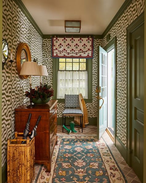 phillip thomas berkshires rear entry Wallpaper Behind Bookshelves, Colored Trim Interior, Moody Entryway Ideas, Entry Hall Decor, Wallpaper Entry, Bright Blue Kitchen, Modern Farmhouse Entry, 1920s Home Decor, Federal Style House