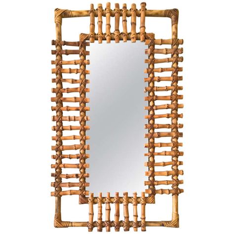 french riviera 50s very pure design bamboo and rattan mirror | From a unique collection of antique and modern wall mirrors at http://www.1stdibs.com/furniture/mirrors/wall-mirrors/ Bamboo Mirror Frame, French Mid Century Modern, Spanish Mediterranean, Old Mirrors, Antique Mirror Wall, Bamboo Mirror, Wicker Wall, Vintage Mirror Wall, Rattan Mirror