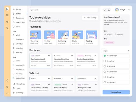 Here is one of my UI/UX Design work, a to do list dashboard that can help you manage your days. Find more another design works from me: https://dribbble.com/raafig Start your beautiful project with me: https://fiverr.com/raafigian Ui Design Web Application, Ui Design Principles, Web Application Design, Dashboard Interface, Ux Kits, List Website, Web Dashboard, Ui Design Website, Dashboard Ui