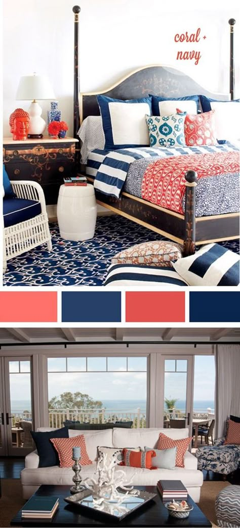 navy and coral palette  This is for you @Kristin Harker Coral Palette, Coral Bedroom, Navy Bedrooms, Navy And Coral, Nautical Bedroom, Sofa Beige, Design Apartment, Beach Condo, Bedroom Colors