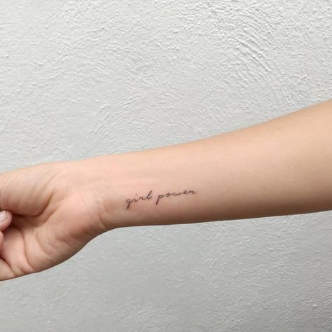 Feminist Tattoo, Inner Arm Tattoos, Girl Power Tattoo, Power Tattoo, Small Quote Tattoos, Girl Arm Tattoos, Shape Tattoo, Small Tattoos Simple, Small Arm Tattoos