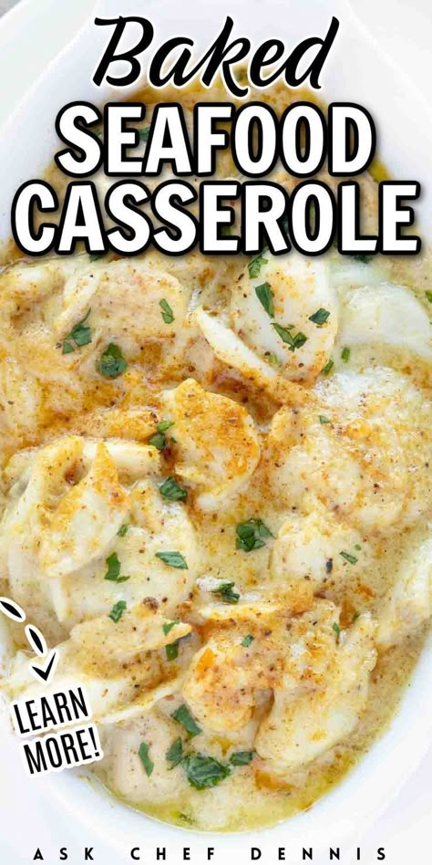 One of my favorite seafood dishes is baked seafood casserole. Loaded with fresh flounder, shrimp, sea scallops, and crab meat, every bite is full of flavor and seafood! This easy seafood casserole recipe is perfect for your next dinner party, date night or just to make family dinner and extra special event. Perfect for seafood lovers, this easy seafood casserole will soon become one of your favorite recipes! Try this now! Baked Seafood Casserole, Baked Seafood, Fish Casserole, Seafood Casserole Recipes, Shrimp Casserole, Seafood Dish Recipes, Restaurant Style Recipes, Seafood Bake, Delicious Seafood Recipes