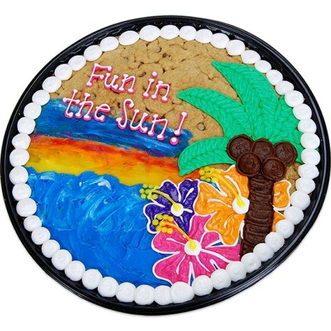 A beautiful day at the beach just arrived right on a yummy chocolate chip cookie cake by Cookies by Design. Hawaiian Cookie Cake, Beach Theme Cookie Cake, Luau Cookie Cake, Summer Cookie Cake, Luau Cookies, Cookie Arrangements, Giant Cookie Cake, Hawaiian Cookies, Message Cookies