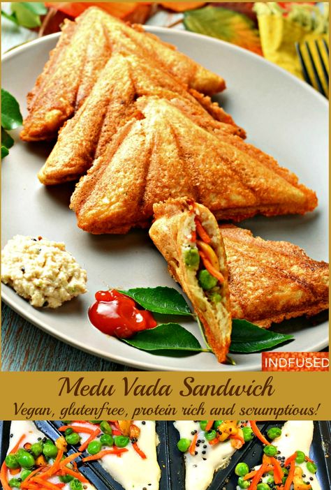 Scrumptious, gluten free, vegan sandwich with curried veggie stuffing! Sandwich Indian, Medu Vada, Spicy Snacks Recipes, Fusion Dishes, Spicy Snacks, Club Sandwich, Fusion Food, Vegan Appetizers, Indian Snacks