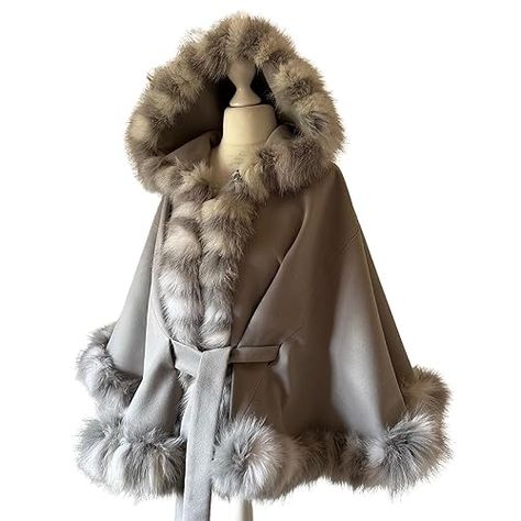 Amazon.com: Grey Women Winter Belted Coat Cape Trim Fox Fur, Winter Women's Poncho Jacket lined, Warm Women's coat with a hood (Grey) : Handmade Products Women Winter Coat, Coat Cape, Winter Cape, Womens Poncho, Poncho Jacket, Girls Diary, Cape Coat, Belted Coat, Winter Coats Women