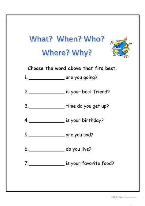 WH Questions worksheet - Free ESL printable worksheets made by teachers Wh Questions Kids, Wh Questions Exercises, Wh Questions Activities, Preposition Worksheets, Elementary Worksheets, Grammar For Kids, Tracing Sheets, English Phonics, English Grammar Worksheets