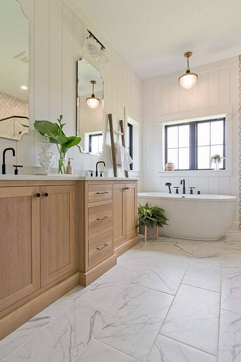 Farmhouse Master Bath Flooring Ideas, Oak Floor And Oak Cabinets, Bathroom Floors With Wood Vanity, Primary Bedroom Ideas Modern Farmhouse, Large Farmhouse Bathroom Master Bath, Modern Farmhouse Ensuite Bathroom, Traditional Farmhouse Master Bath, Master Bath Oak Cabinets, Bathroom Remodel Vinyl Plank Flooring