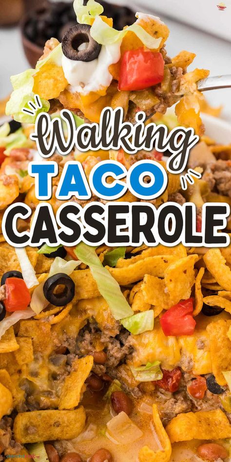 This Taco Casserole With Corn Chips is an easy and fun dinner idea! Packed with ground beef, beans, and Fritos, it's perfect for busy nights. #CheerfulCook #Fritos #BestWalkingTacoCasserole #BeefCasseroleRecipes #TacoCasseroleBakeWithFritos #MexicanTacoCasseroleBeef ♡ cheerfulcook.com Hot Dishes Casserole, Authentic Mexican Pozole Recipe, Casserole With Corn, Beef And Noodles Crockpot, Frito Recipe, Walking Taco Casserole, Beef Taco Casserole, Crockpot Chicken Enchiladas, Walking Taco