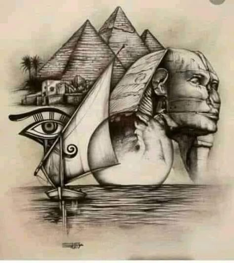 Kemet Tattoo Ideas, Thigh Cuff Tattoo Stencil, Egypt Tattoo Design Ideas, Egyptian Art Drawing, Egypt Drawing, Egypt Tattoo Design, Egyptian Poster, Pyramid Tattoo, Egyptian Eye Tattoos