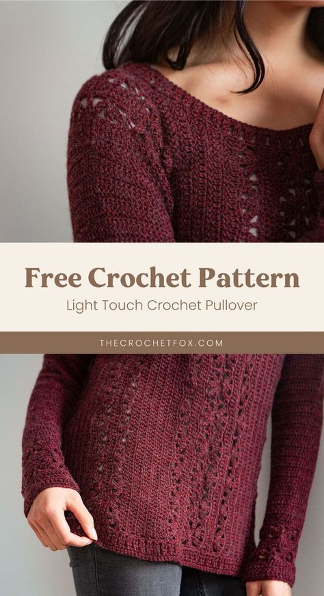 Craft this simply chic lightweight crochet sweater with a beautiful subtle lace pattern composed of petal clusters. This easy crochet pattern is worked sideways in pieces and makes for a exquisite handmade gift for friends and family this holiday season. | More free crochet patterns at thecrochetfox.com Free Crochet Pattern Sweaters, Crochet Weight 3 Yarn Patterns, Crochet Light Weight Yarn Patterns, Super Fine Crochet Pattern, Crochet Women’s Sweater, Lace Weight Yarn Crochet Patterns Free, 4ply Crochet Patterns Free, Lace Weight Crochet Patterns, Fine Yarn Crochet Patterns Free