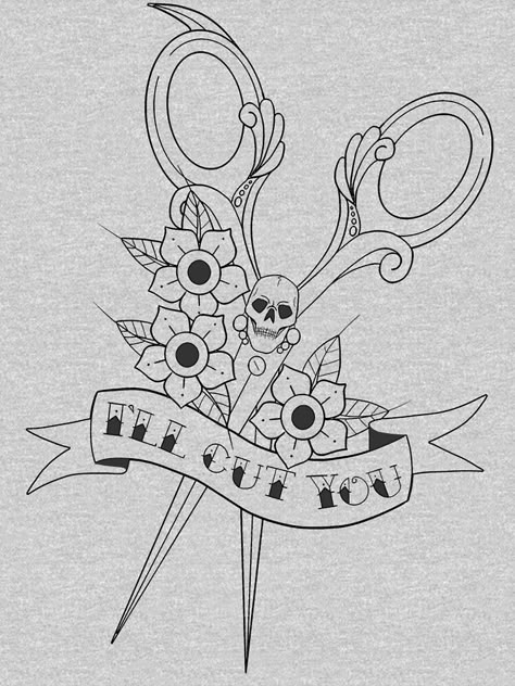 Funny graphic design with hairstylist humor and a traditional tattoo style. This graphic design can be put on many items from home decor, apparel, even electronic items. this would make a great unique gift for anyone. "Hairdresser skull scissors "I'll cut you"" T-shirt by msbdesigns | Redbubble Slim Traditional Tattoo, Skull Scissors Tattoo, Hairdresser Tattoo Ideas, Hairdresser Scissors Tattoo, American Traditional Hairdresser Tattoo, Hairstylist Tattoo Sleeve, Hairdresser Tattoo Design, Traditional Hairstylist Tattoo, American Traditional Scissors