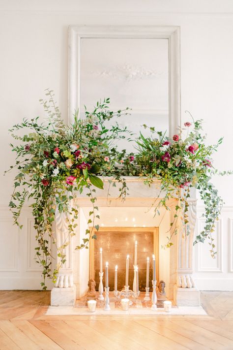 Mantel Floral Arrangements, Fireplace Flowers, Mantel Flowers, Wedding Mantle, Fireplace Wedding, Wedding Fireplace, Grooms Attire, Paris Elopement, Fireplace Mantle Decor