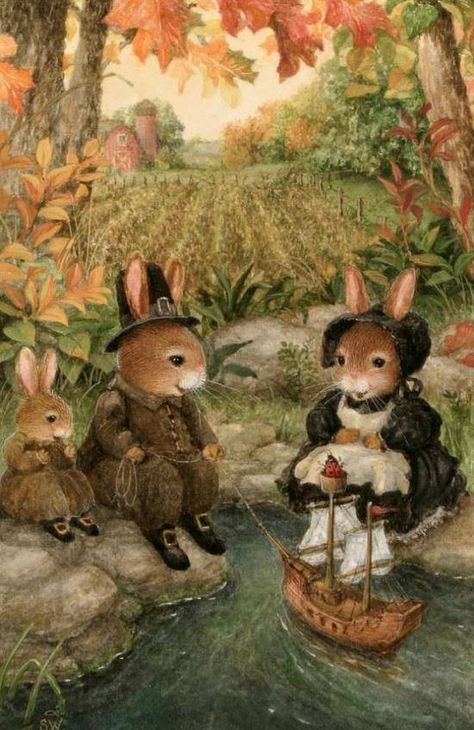 Thanksgiving-Pilgrim Bunnies Susan Wheeler, Art Mignon, Bunny Art, Art Et Illustration, Arte Animal, Art And Illustration, Woodland Creatures, Beatrix Potter, Childrens Illustrations