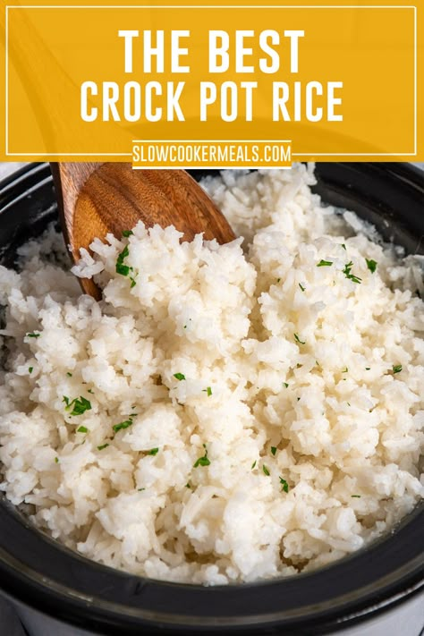 Close up of rice in a crock pot. Crock Pot White Rice, Rice In Crock Pot Recipe, Easy Rice Crockpot Recipes, Slow Cooker White Rice, Rice Slow Cooker Recipes Crockpot, Crockpot Minute Rice, White Rice Crockpot Recipes, Slow Cooker Rice Pilaf, Rice In The Crockpot How To Cook