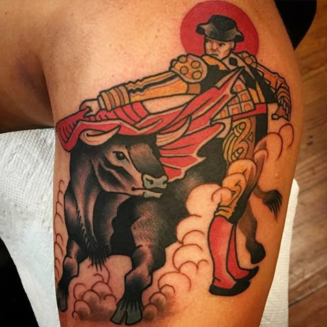 Tattoo uploaded by Robert Davies • Matador tattoo by Ian Bederman #matador #bullfighter #traditional #IanBederman • 14633 • Tattoodo Matador Tattoo, Dragon Tiger Tattoo, Jordan Tattoo, Fighter Tattoo, Traditional Tattoo Drawings, Fun Tattoo, Bull Tattoos, Explore Tattoo, Sleeve Tattoo Ideas