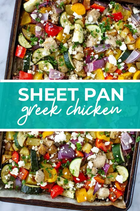 Sheet Pan Greek Chicken {Meal Prep} Chicken Vegetable Meal Prep, Greek Chicken And Veggies Sheet Pan, Chicken Bake With Veggies, Easy Healthy Dinner Sheet Pan, Sheet Pan Dinners Greek, Sheet Pan Summer Dinners, Sheet Pan High Protein, Sheet Pan Chicken Mediterranean, Clean Sheet Pan Meals