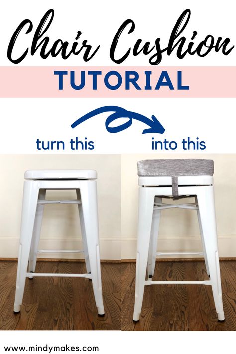 Learn how to make a custom bar stool seat cushion with this photo tutorial #diyhomedecor #chaircushions #diychaircushion Upholster Bar Stools Diy, Stool Cushion Diy Square, Diy Barstool Cushions, Diy Bar Stool Cushions, Diy Stool Cushion, Diy Seat Cushion, Diy Bar Stool, Seat Cushions Diy, Diy Chair Cushions