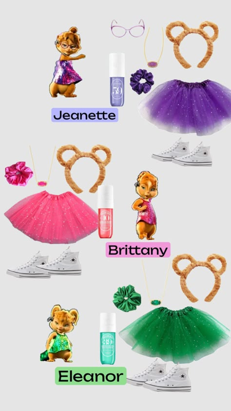 #outfitinspo #chipmunks #chippets #purple #pink #green #halloweenaesthetic #halloweencostume #girls Halloween Costume Chippets, Brittany From Alvin And The Chipmunks Costume, Chippets Halloween Costume Ideas, Pink Tutu Costume Ideas, Diy Chipettes Costumes, Chippets Trio, The Girl Chipmunks Costumes, 3 Chipmunks Costume, Brittney Chipettes Costume