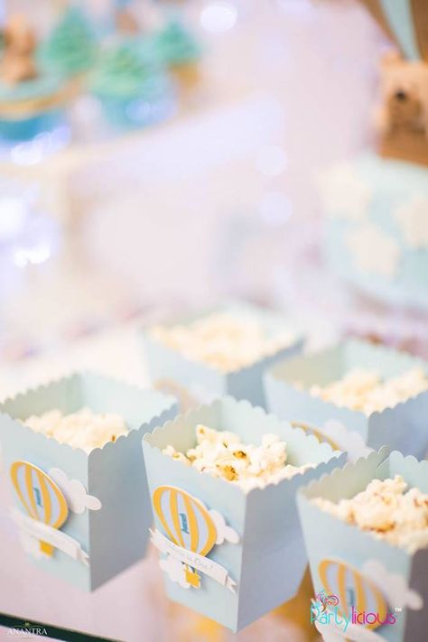 Hot Air Balloon Popcorn Boxes from a Teddy Bear + Hot Air Balloon Birthday Party on Kara's Party Ideas | KarasPartyIdeas.com (10) Hot Air Balloon Party Theme, Hot Air Ballon Party, Hot Air Balloon Party Decorations, Hot Air Balloon Birthday Party, Bear Hot Air Balloon, Balloon Birthday Themes, Hot Air Balloon Birthday, Air Balloon Birthday