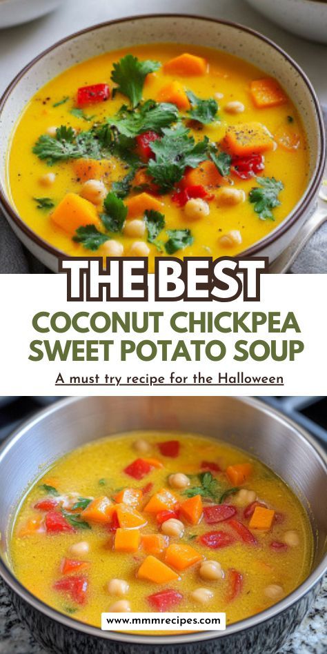 This Coconut Chickpea & Sweet Potato Soup is rich in flavor and packed with nutrients! The combination of sweet potatoes, chickpeas, and creamy coconut milk creates a luscious, satisfying dish that’s perfect for vegan or plant-based diets. Simple to make and so delicious, it’s ideal for chilly evenings. Save this wholesome recipe for a cozy dinner! #VeganComfortFood #SweetPotatoSoup #CoconutChickpeaSoup #PlantBasedCooking Chickpea Coconut Curry Soup, Vegan Coconut Soup, Coconut Miso Chickpea Soup, Ginger Sweet Potato Coconut Milk Stew, Sweet Potato Soup With Coconut Milk, Potato Soup Vegan, Chickpea Sweet Potato, Coconut Chickpea, Sweet Potato Soup Vegan