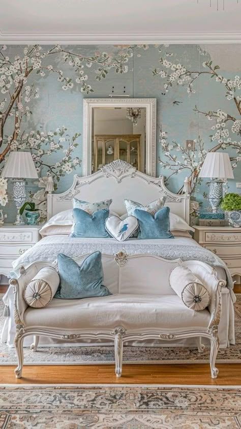 Bridgerton Theme Bedroom, Bridgerton Room Ideas, Cinderella Bedroom Ideas Adults, Brigerton Bedrooms, Bridgerton Themed Bedroom, Bridgerton Style Bedroom, Bridgerton Bedroom Ideas, Blue French Country Bedroom, Bridgerton Interior Design