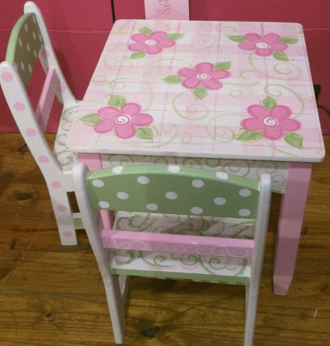 Painting Kids Furniture, Whimsical Painted Furniture, Kids' Furniture, Childrens Table, Table And Chair Set, Kids Table, Kids Table And Chairs, Painted Chairs, Table And Chair