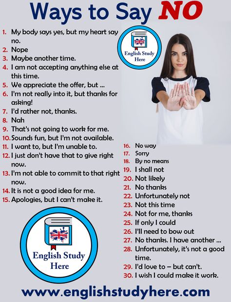 30 Different Ways to Say NO in English - English Study Here Communicative English, Ways To Say No, Ways To Say Said, English Learning Spoken, Conversational English, English Vocab, Learn English Grammar, Interesting English Words, English Language Teaching