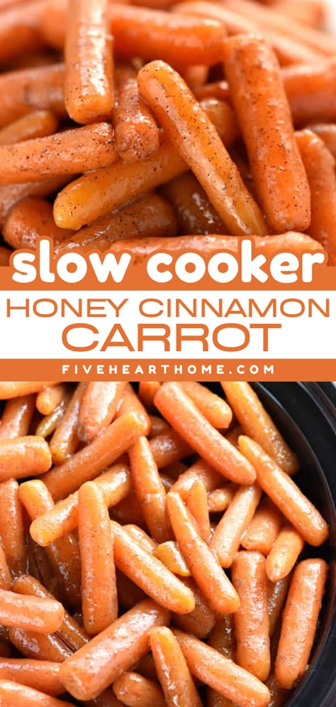 Here's a holiday dinner recipe that frees the oven and feeds a crowd! Sweet and buttery, these Slow Cooker Honey Cinnamon Carrots are the BEST. Put these crockpot glazed carrots on your Christmas side dish ide Carrots Slow Cooker, Cinnamon Carrots, Easter Side Dishes Recipes, Vegetable Slow Cooker, Crockpot Side Dishes, Carrot Recipe, Potluck Side Dishes, Honey Cinnamon, Potluck Dishes