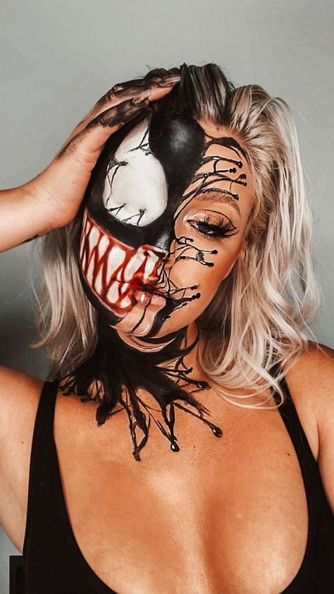 Venom Makeup Halloween, Marvel Makeup Ideas, Venom Halloween Makeup, Venom Makeup, Halloween Makeup Terror, Superhero Makeup, Spiderman Makeup, Extraordinary Makeup, Spooky Halloween Makeup