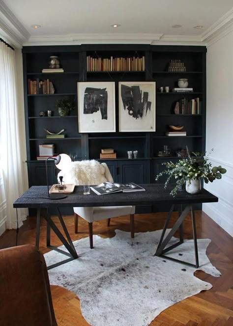 - Home Office Ideas ideas #HomeOfficeIdeas Black Bookcases, Office Space Inspiration, Home Office Ideas For Women, Black Accent Walls, Home Office Inspiration, Decor Ikea, Small Home Office, Black Desk, Modern Home Office