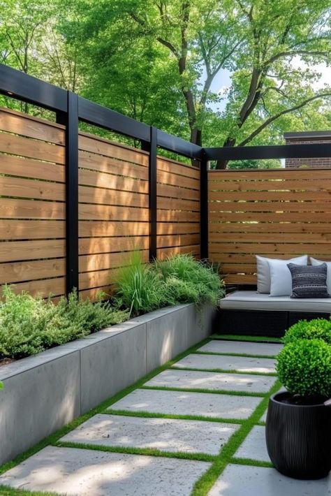 26 Horizontal Fence Ideas To Style Your Home’s Privacy Slatted Fencing Horizontal, Backyard Fence With Lights, Black House With Fence, Modern Wood Fence Ideas, Screening Fences Outdoor Privacy, Fencing Panels Ideas, Pool Deck Fence Ideas, Slatted Privacy Fence, Front House Privacy Ideas