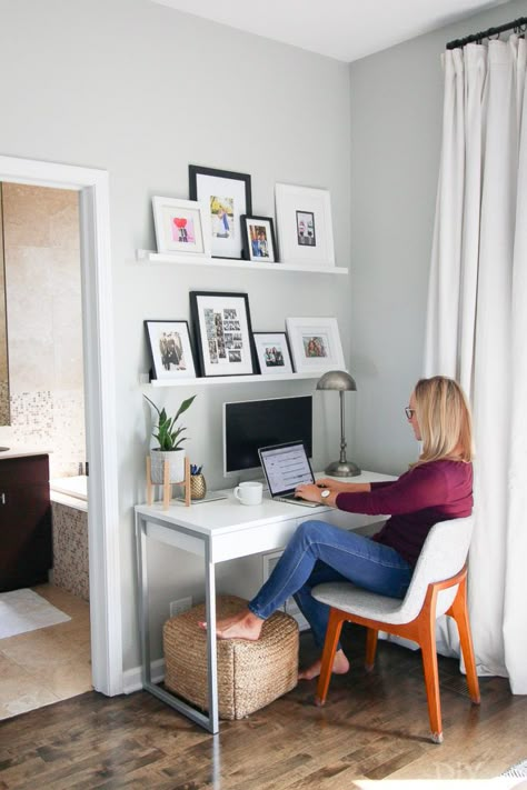 Desk Perpendicular To Window, Small Space Office Ideas Layout, Work From Home Pictures, Work From Home Corner, Artwork Framing, Den Home Office, Chicago Condo, Diy Baby Gate, Framing Art