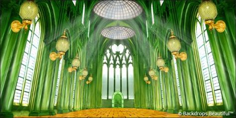 Emerald City 3 | Wizard of Oz scenery by Backdrops Beautiful | Wizard of Oz backdrops  | Hand Painted Scenic Backdrop Rentals and Sales Emerald City Backdrop, Wizard Of Oz Backdrop, Emerald City Theme, Emerald City Party, City Backdrop, Dnd Campaign, Minecraft Inspiration, Set Design Theatre, Throne Room