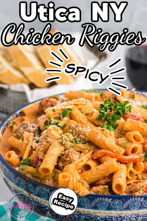 One-Pot Spicy Chicken Riggies AKA Utica Chicken Riggies has the right amount of heat in a rich and creamy cheesy sauce that is on top of Al dente rigatoni pasta with chicken, and tender vegetables. Crockpot Chicken Riggies, Riggies Recipe, Spicy Chicken Riggies, Creamy Parmesan Chicken With Rigatoni, Chicken Riggies Recipe Utica, Easy Chicken Riggies Recipe, Chicken Riggies Recipe Easy, Best Chicken Riggies Recipe, Chicken Rigatoni Recipes