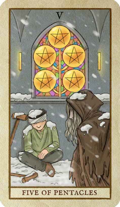 5 Of Coins Tarot Meaning, 5 Of Pentacles Tarot, 5 Of Pentacles, Suit Of Pentacles, Five Of Pentacles, Tarot Suits, Tarot Illustration, Page Of Pentacles, Tarot Design