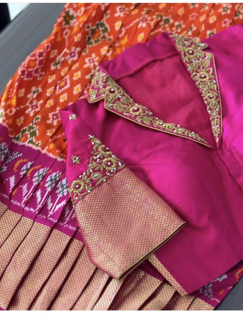 Half Sleeves Maggam Work Blouses, Half Collar Blouse Designs For Saree, Collar Blouse Designs For Lehenga, Collar Neck Maggam Work Blouses, Colar Neck Blouse Pattern Latest, Pink Silk Blouse Piece With Border, Collar Blouse Designs For Saree, Blouse Designs Latest Boat Neck Collar, Maroon Colour Blouse Design