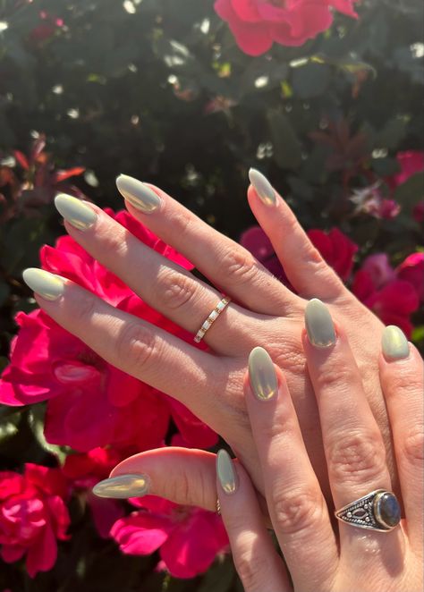 Sage Green Chrome French Tip Nails, Sage Chrome Nails, Green Chrome Almond Nails, Sage Green Chrome Nails, Light Green Chrome Nails, Working Nails, Chakra Nails, Almond Nails For Spring, Chrome Almond Nails