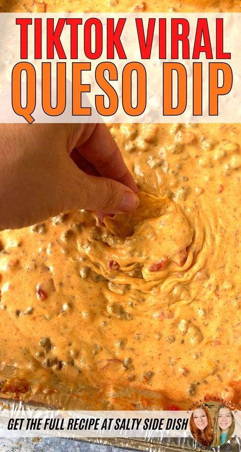 Queso Dip Tiktok, Easy Caso Dip Recipe, Tiktok Cheese Dip, Dip Recipes With Velveeta Cheese, Queso Dip Recipe With Meat, Cheese Burger Dip Recipe, Smoked Velveeta Dip, Cheese Dip Recipes Velveeta Cream Cheese, Taco Meat Queso Dip