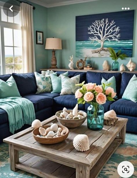 Coastal Decorating On A Budget🌴⚓️🌺 | Hey! Chic Coastal Decor, House Decor Inspiration, Cottage Style Living Room, Blue Sectional, Coastal Farmhouse Decor, Modern Coastal Decor, Beach House Living Room, Beach House Interior Design, Soft Coral