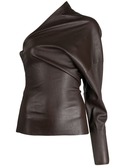 Rick Owens Luxor one-shoulder Leather Top - Farfetch One Shoulder Leather Dress, Leather Garments, Organic Fashion, Leather Detailing, Leather Clothes, Leather Sleeves, Yoko London, Virtual Fashion, Leather Shirt