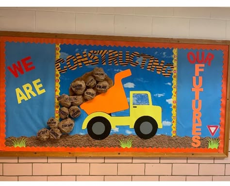 Construction Zone Bulletin Board Ideas, Car Theme Bulletin Board, Construction Door Theme, Construction Display Board, Under Construction Theme Classroom Bulletin Boards, Push And Pull Bulletin Board Ideas, Building Theme Bulletin Board Ideas, Building Bulletin Board Ideas Preschool, Building Our Future School Theme