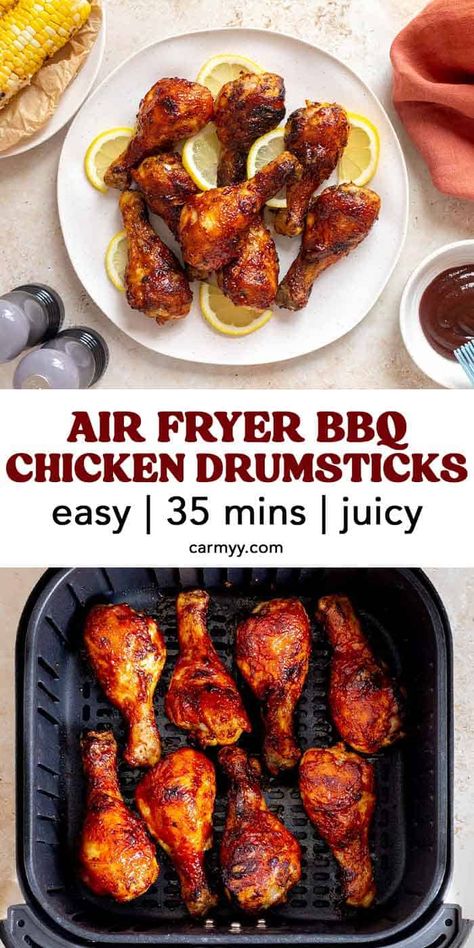 You are going to fall in love with these air fryer bbq chicken drumsticks. Tender, sticky, and juicy, these saucy chicken legs are made in a few quick steps for the perfect weeknight meal. Ready in less than 40 minutes! Recipe For Drumsticks, Quick And Easy Air Fryer Meals Healthy, Chicken Drumsticks In Air Fryer, Air Fryer Drumsticks, Air Fryer Chicken Drumsticks, Air Fryer Bbq Chicken, Air Fried Chicken Tenders, Saucy Chicken, Bbq Chicken Drumsticks