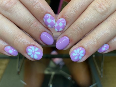 Purple Nails Checkered, Lavender Checkered Nails, Purple Checkered Nails, Nails Daisy, Checkered Nails, Boho Nails, Nails Spring, Summer 24, Purple Nails