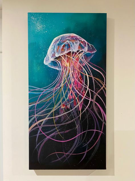 Jellyfish Abstract Painting, Painting Of A Jellyfish, Paintings Of Jellyfish, Drawing Ideas Acrylic Paint, Jellyfish Art Acrylic, Jellyfish Painting Acrylic Easy, Jelly Fish Painting Acrylic, Painting Ideas Jellyfish, Art Inspiration Painting Acrylics