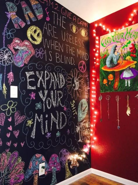 Chalkboard Paint Wall, Hippy Bedroom, Chalkboard Wall Bedroom, Trippy Room, Hangout Room, Hippie Bedroom, Chalk Wall, Hippy Room, Chill Room