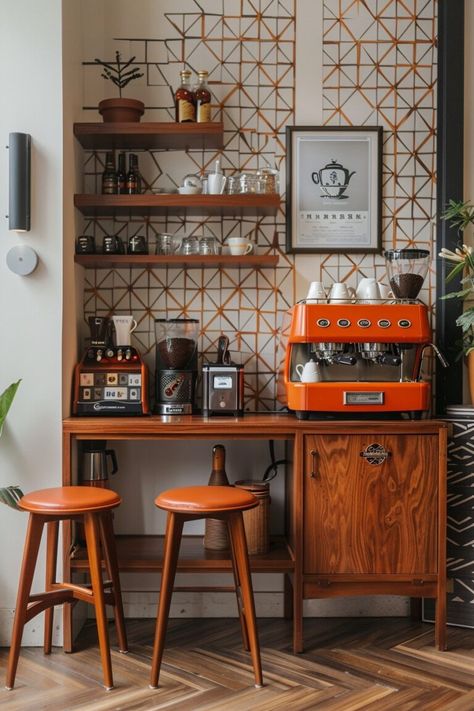 29 Coffee Bar Styling Ideas for a Café-Inspired Space - My Elegant Home Bar Styling Ideas, Coffee Bar Styling, Coffee Ritual, Coffee Nook, Bar Designs, Home Coffee Bar, Coffee Bar Home, Retro Coffee, Coffee Corner